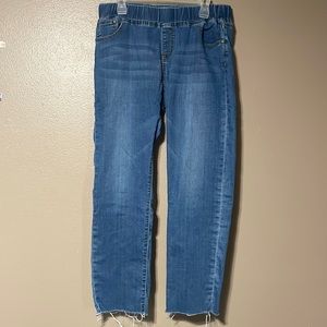 Amaryllis medium wash denim straight leg, raw hem, pull on stretch, size 16